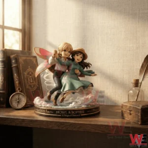 Fantasy couple figurine flying together above clouds on a decorative base with books and soft light!