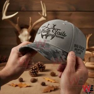 Hands holding a gray hunting baseball cap with camo brim and embroidered I Hunt White Tails Year Round text in a rustic wood background.
