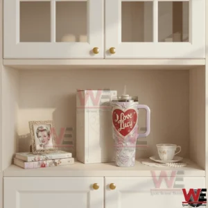 I Love Lucy themed tumbler with handle and straw displayed on a shelf next to its box with classic decor elements!