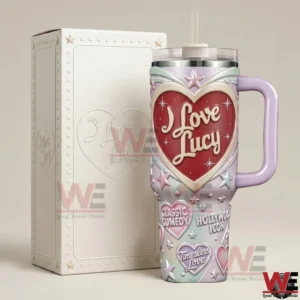 I Love Lucy themed tumbler with handle and straw displayed beside a matching box on a neutral background!