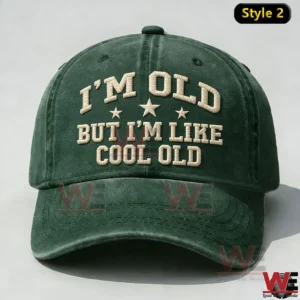 Front view of a dark green baseball cap with bold embroidered lettering and decorative stars!
