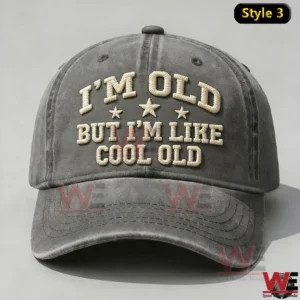 Front view of a gray baseball cap featuring bold embroidered lettering and star details!