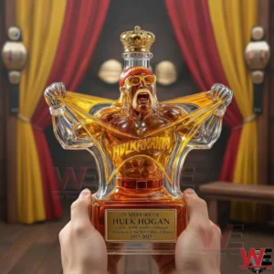 A person holding a Hulk Hogan tribute whiskey bottle with a crown stopper and muscular figure design displayed against a theatrical backdrop!