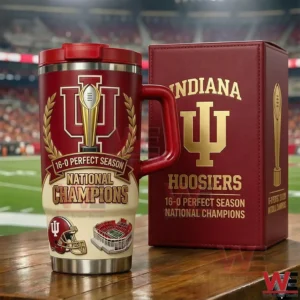 A red Indiana Hoosiers tumbler with handle and straw is shown next to a matching box highlighting team pride and championship success on the field!