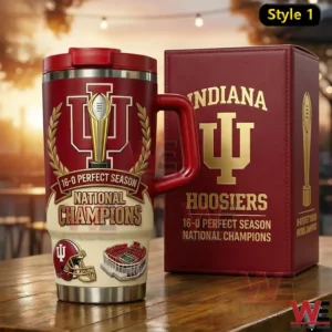 A championship themed Indiana Hoosiers tumbler stands beside its box with trophy inspired design elements in a relaxed open air display!