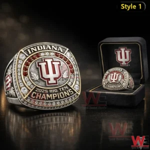 Silver Indiana Hoosiers 2025 Big Ten Champions ring with IU logo red and clear stones and a matching display box on a dark reflective surface!