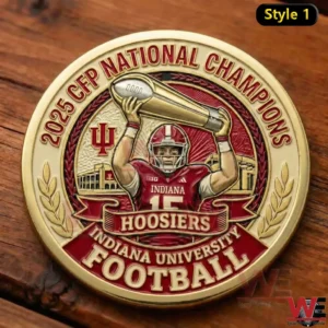 Indiana Hoosiers national championship football coin with player holding trophy in red and gold colors!