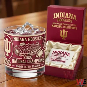 An Indiana Hoosiers 2026 national champions whiskey glass featuring bold graphics and a polished collectible finish!