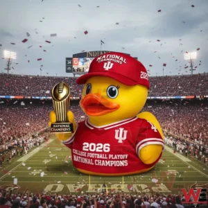 Large Indiana Hoosiers 2026 championship rubber duck displayed on a football field with fans celebrating!