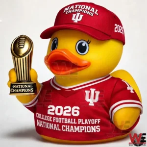 Close up of Indiana Hoosiers 2026 national championship rubber duck with red uniform and trophy!
