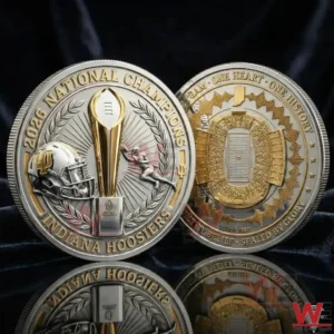 A high detail Indiana Hoosiers 2026 national champions commemorative coin displayed with both sides visible highlighting the championship trophy and stadium artwork!