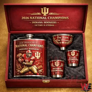 An open red gift box containing an Indiana Hoosiers 2026 National Champions flask with matching cups and funnel arranged in a luxury foam interior!