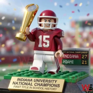 A small football champion figure holding a trophy stands on a green base with a scoreboard and stadium scene behind!