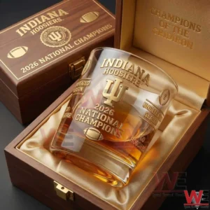 Indiana Hoosiers 2026 national champions whiskey glass resting inside a wooden gift box with refined football themed engravings!
