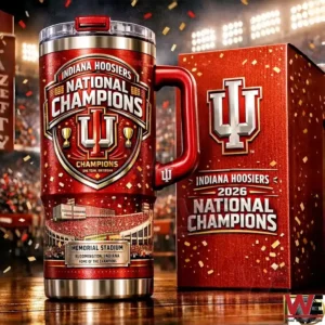 Front view of a red Indiana Hoosiers national champions insulated tumbler displayed next to a matching celebration box!