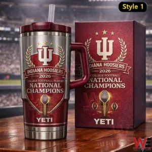 Indiana Hoosiers 2026 national champions tumbler and matching box displayed on a surface with a football stadium in the background!