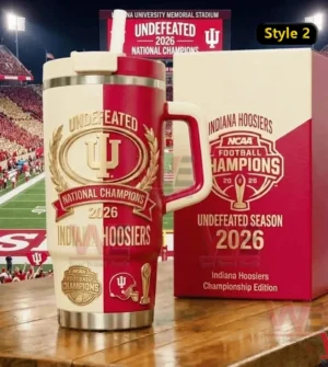 Indiana Hoosiers undefeated 2026 national champions tumbler and championship edition box displayed on a wooden surface inside a football stadium!