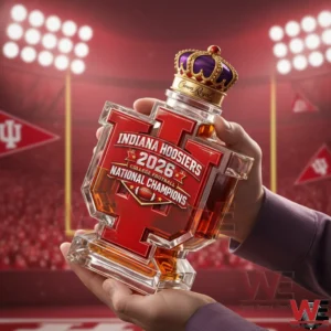 A hand presenting a red Indiana Hoosiers themed whiskey bottle with 2026 national champions text inside a packed football stadium!