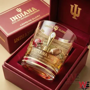 An Indiana Hoosiers national champions whiskey glass resting inside a premium crimson box with bold championship design!