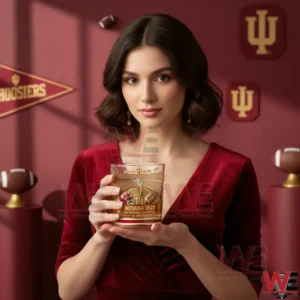 A woman holding an Indiana Hoosiers national champions whiskey glass against a festive team themed background!