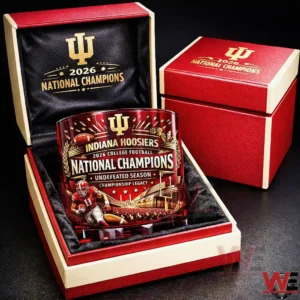 Indiana Hoosiers 2026 national champions whiskey glass presented in a red collector gift box with gold details!