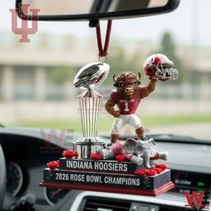 Hanging car ornament for Indiana Hoosiers showing a trophy buffalo mascot holding a helmet and a base labeled Indiana Hoosiers and 2026 Rose Bowl Champions inside a car!