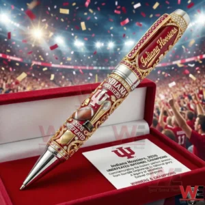 A detailed Indiana Hoosiers 2026 undefeated national champions collector pen in a red velvet box with a stadium celebration background!