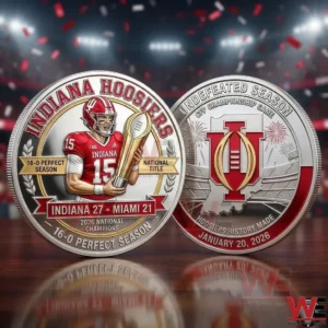 Indiana Hoosiers national championship coin with front and back designs highlighting an undefeated season!