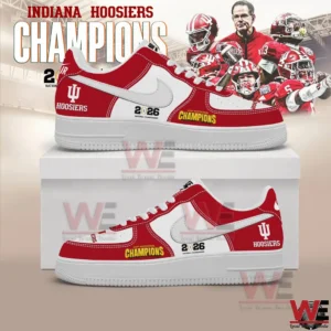 Indiana Hoosiers red and white championship sneakers shown from both sides on a display box with 2026 national champions graphics and team branding!