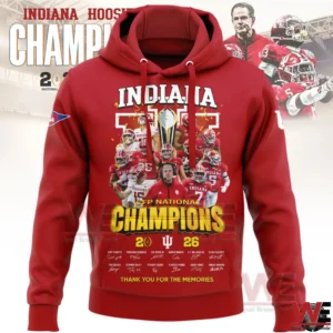 Red Indiana Hoosiers championship hoodie with team collage trophy graphic and national football champions design!