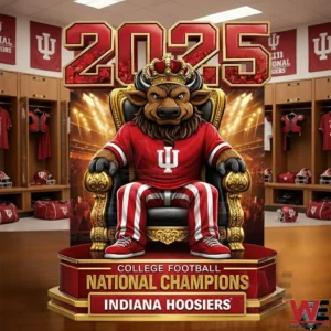Championship mascot figurine wearing team colors seated on a royal throne inside a football locker room!