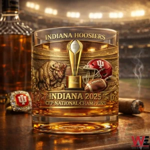 A close up view of an Indiana Hoosiers 2025 championship whiskey glass with gold detailing football elements and bold team identity set against a glowing stadium background!