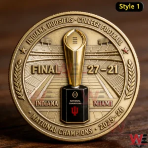 Indiana Hoosiers national champions coin with trophy centerpiece and detailed stadium design!