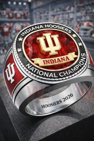 Silver Indiana Hoosiers National Champions ring with red gemstone style face IU logo Indiana banner National Champions text and Hoosiers 2026 engraving inside the band!