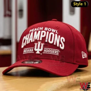 Red Indiana Hoosiers Peach Bowl Champions baseball cap with white embroidered lettering and IU logo displayed on a wooden bench!