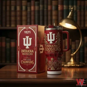 Red Indiana Hoosiers tumbler and matching gift box displayed on a desk with books and lamp!