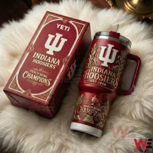 Red Indiana Hoosiers tumbler and box arranged on white fur with elegant decorative style!