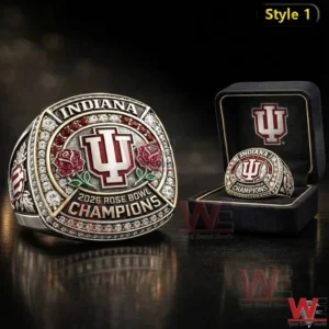 Alt text Silver Indiana 2026 Rose Bowl Champions ring with IU logo and gemstones shown next to an open presentation box.