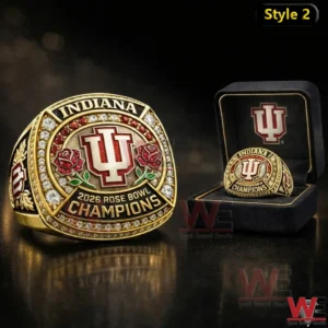Indiana Hoosiers Rose Bowl 2026 Championship Custom Ring 5 Alt text Gold Indiana 2026 Rose Bowl Champions ring with IU logo and gemstones shown next to an open presentation box.