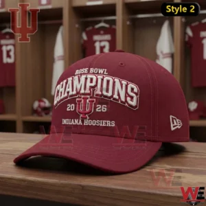 Crimson Indiana Hoosiers cap with Rose Bowl Champions embroidery and year two thousand twenty six displayed on a wooden table with a locker room background!
