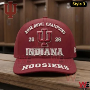 Front view of a crimson Indiana Hoosiers cap with Rose Bowl Champions and Indiana Hoosiers embroidery plus year two thousand twenty six in a locker room setting!