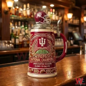 Indiana Hoosiers 2025 national champions beer stein with decorative helmet lid on wooden bar!