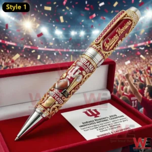 Ornate Indiana Hoosiers 2026 undefeated national champions pen resting in a red velvet gift box with a cheering stadium scene behind!