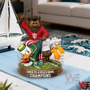A collectible statue showing a bull mascot seated with authority over a duck mascot placed on a table in a stylish living space!