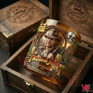 Adventure themed glass displayed inside a wooden treasure box!