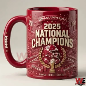 A red ceramic championship mug with Indiana University football graphics national champions text and decorative trophy and helmet details!