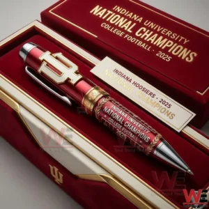 A red and gold Indiana Hoosiers national champions pen resting inside a decorative presentation box with refined details!