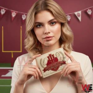 Indiana University 2025 National Championship commemorative wallet 3 Female model holding an Indiana Hoosiers 2025 National Champions football wallet in front of a football themed background!