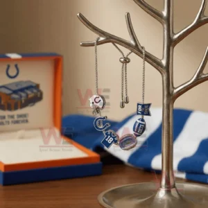 Adjustable Indianapolis Colts themed charm bracelet hanging on a jewelry tree stand with helmet horseshoe jersey stadium football and For The Shoe charms.
