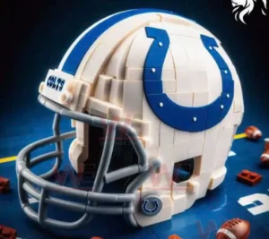 Indianapolis Colts NFL Helmet Building Blocks Set 3 A detailed brick constructed Indianapolis Colts helmet is shown from the side with blue logo accents and a gray face guard!